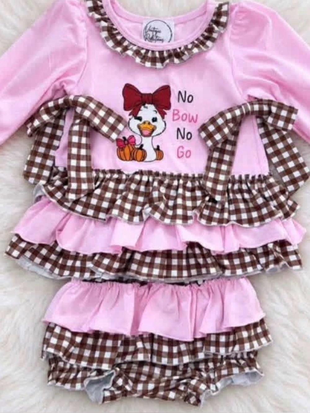 Girls Pink Goose No Bow No Go Bloomer Set with Brown Gingham Trim